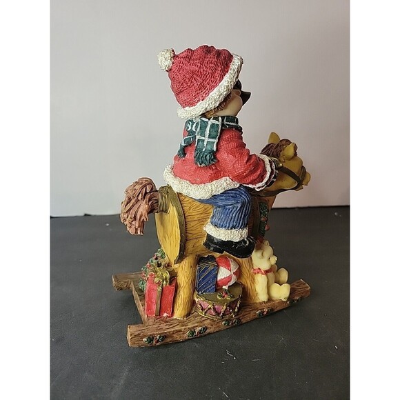 Resin Christmas Figurine Boy in Santa Hat Riding Rocking Horse Toys Presents - Picture 3 of 8